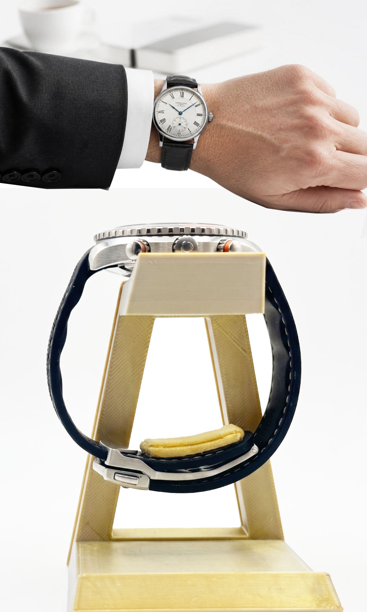 Side view of a watch with the Stealthy sensor module seated beneath the clasp