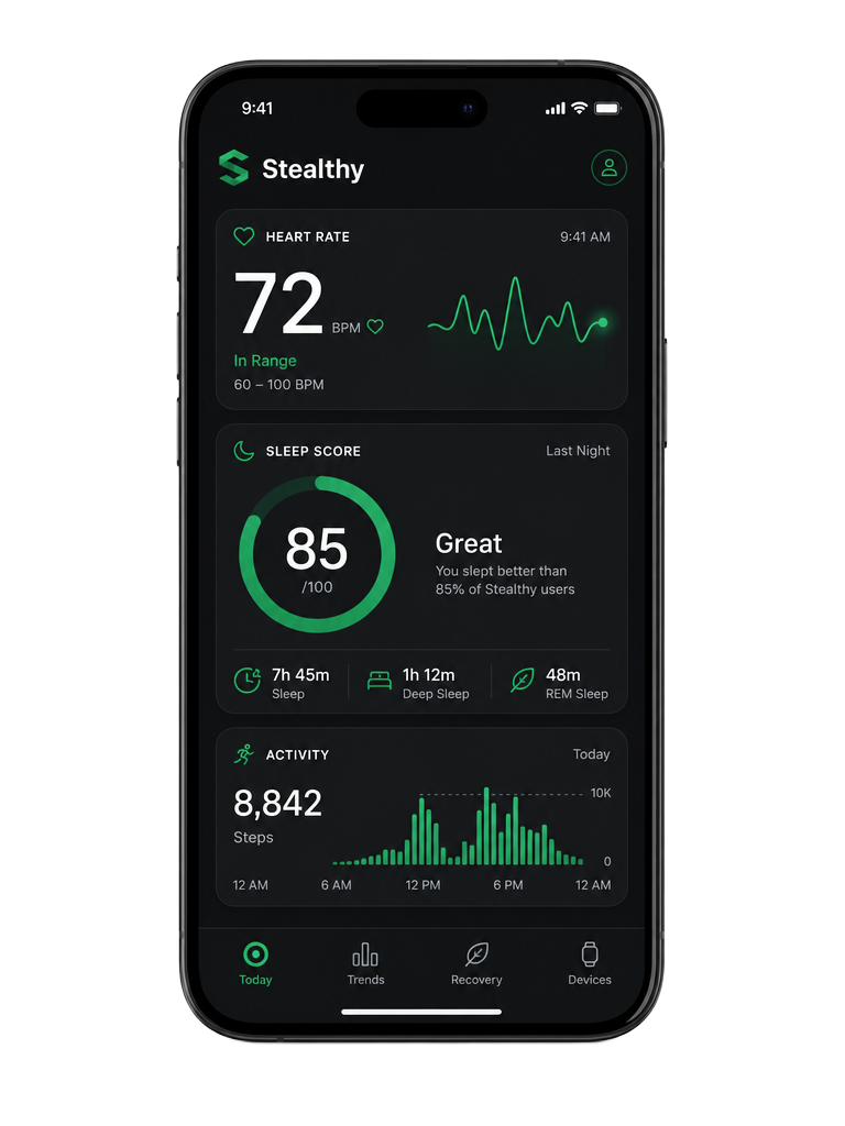 The Stealthy app showing heart rate, recovery and sleep